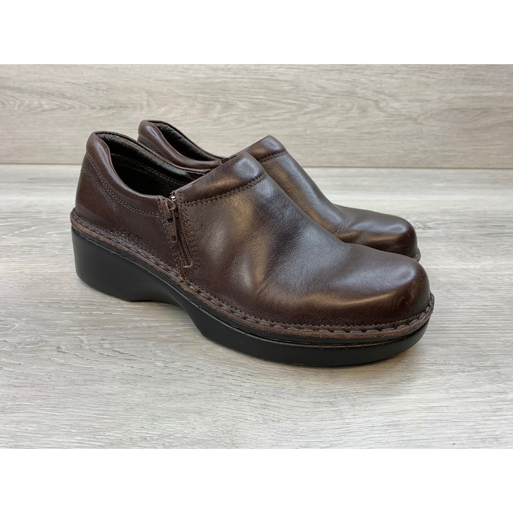 Naot Women's Brown Leather Slip On Clogs Side Zip Platform Wedge‎ 7.5 Shoes